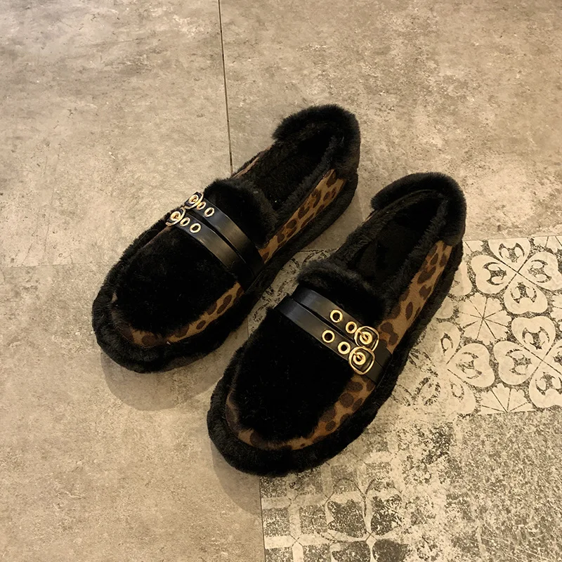 

Women Warm Flats Short Plush Spring Winter Home Flat Shoes Metal Buckle Non-slip Female Leopard Print Floor Slides Slip on Shoes