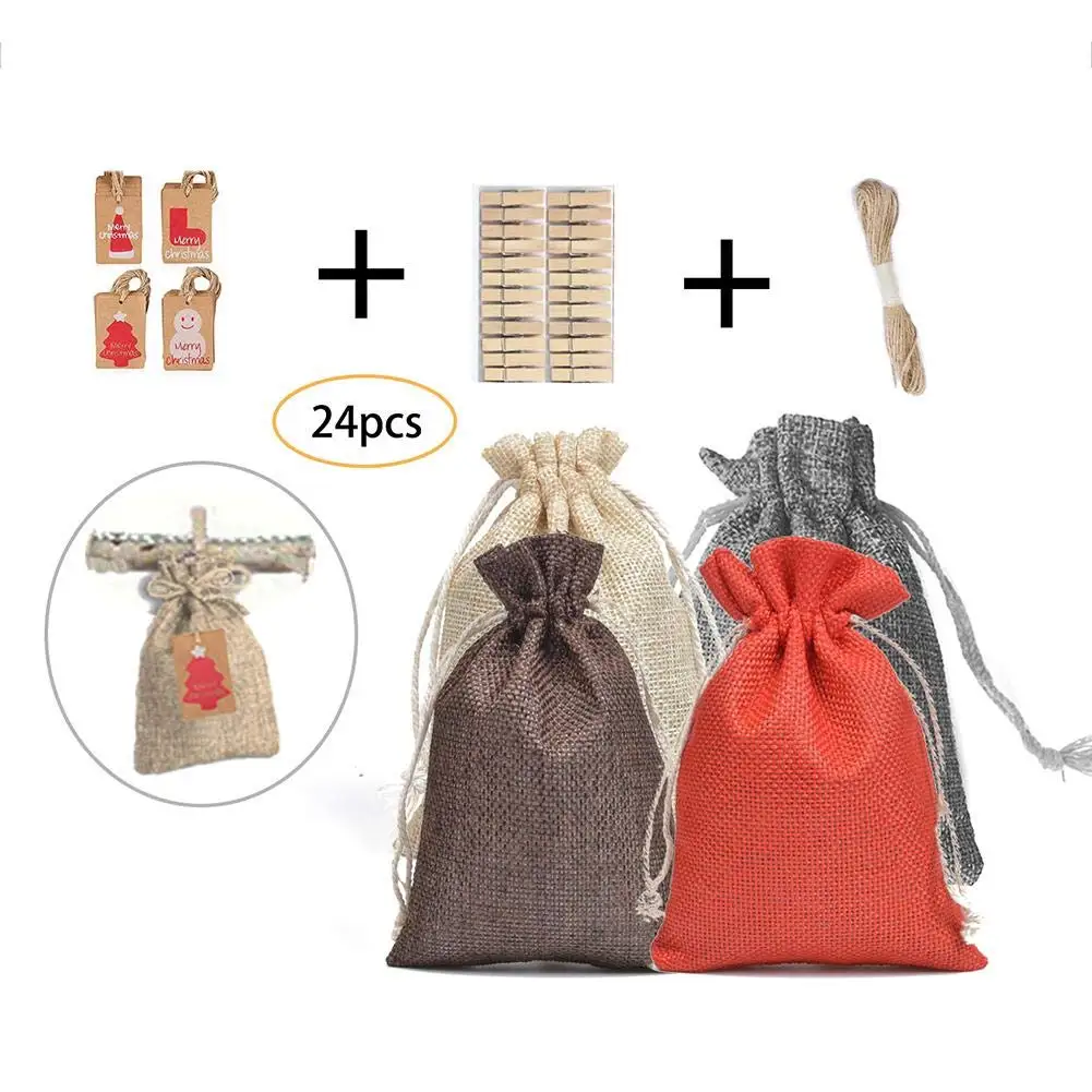 Advent Calendar Christmas Bags Burlap Hanging Craft Bag Reusable for Countdown Tree Decorations Wall Home Office | Дом и сад
