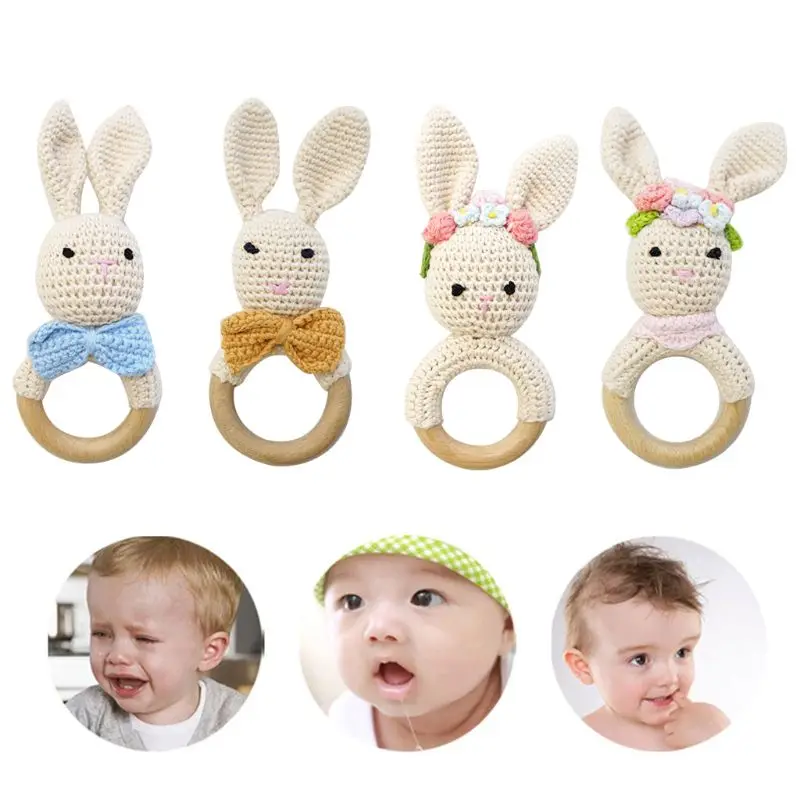 

Baby Wooden Teether Ring DIY Crochet Bunny Rattle Soother Bracelet Molar Toys 24BE