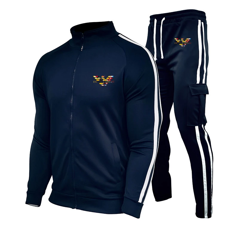 

2021 new men's suit printing brand men's suit polyester sportswear autumn and winter zipper two-piece fitness jogging suit