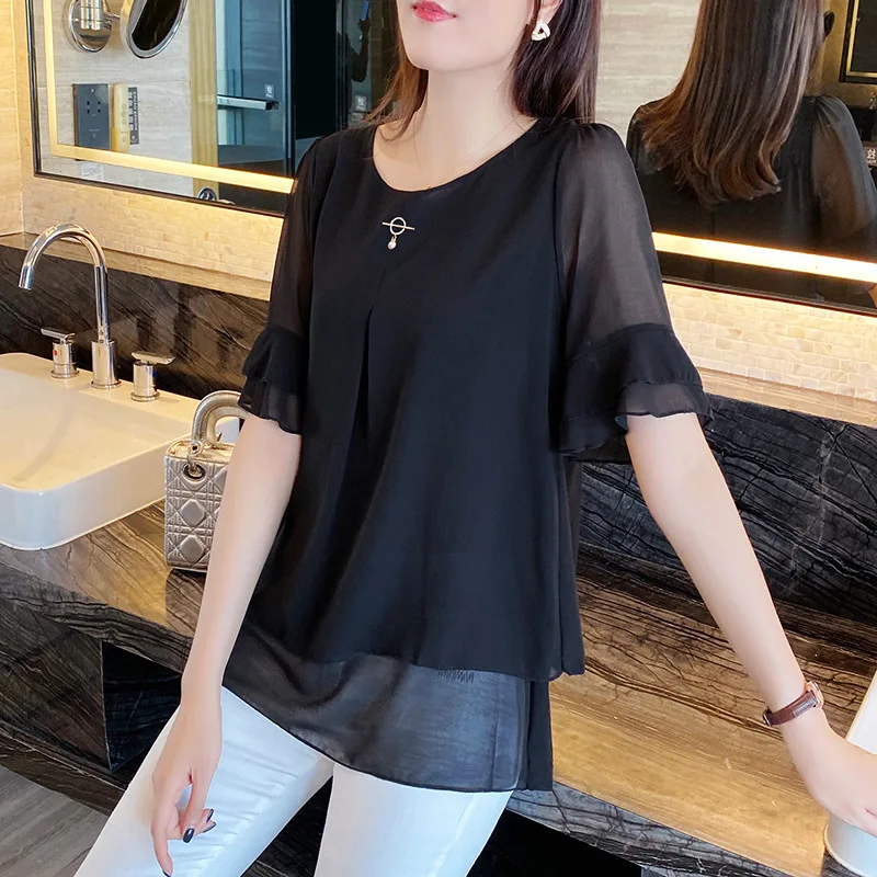 

Elegant O-neck Blouse Fake Two Piece Shirt Women Solid Female Top Shirt Flare Half Sleeve Chiffon Casual Ladies Plus Size 2021