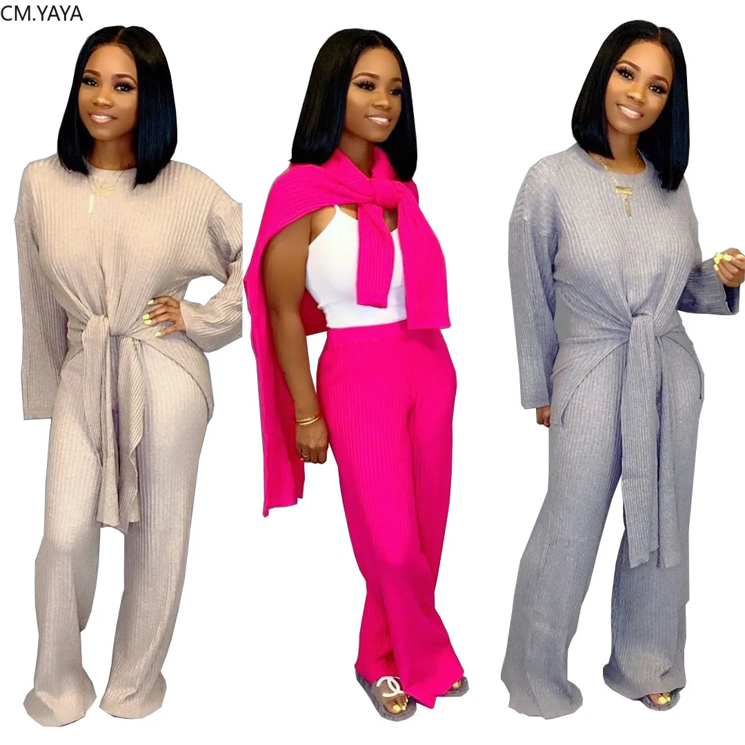 Однотонный женский комплект вязаный свитер с длинным рукавом и прямые брюки из