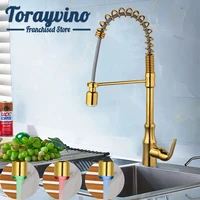 LED light kitchen swivel pull out sink faucet Brass gold swivel pull out spout for flexible faucet Cold & Hot Water mixer tap