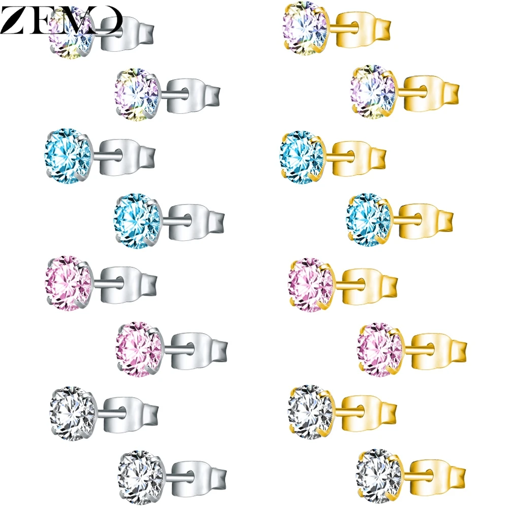 ZEMO 3-8mm Round Mixed Color Cubic Zircon Stud Earrings for Girls Female Crystal Ear Helix Cartilage Stud Piercing Party Jewelry