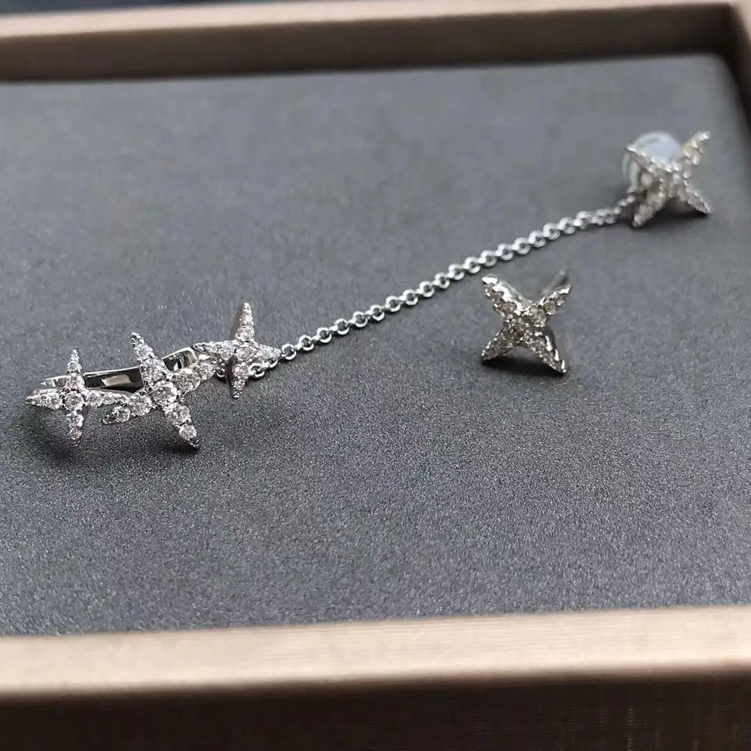 

s925 Sterling Silver Personality and contracted Stars Chain Stud Earrings with Chain Ear Cuff ear clip For Women Gift Jewelry