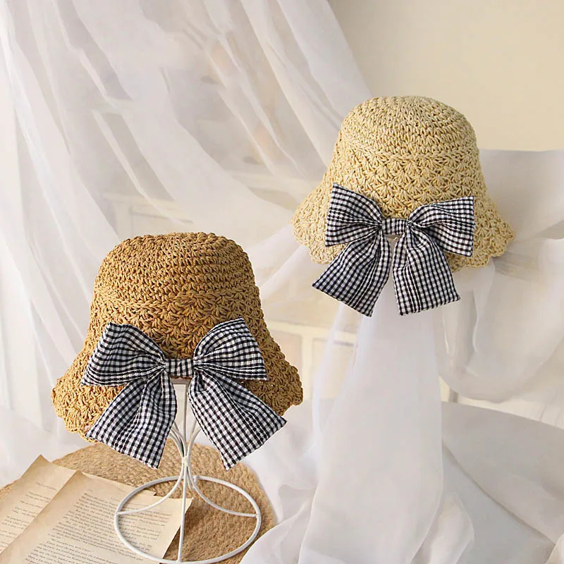 

Girls Sun Hats 2021 Summer Kids Baby Spring Straw Hats With Cute Plaid Bow-knot Accessories Children Beach Caps