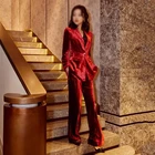 Женский бархатный костюм VEIAI, красный деловой костюм из двух предметов, Блейзер, женские костюмы, брюки-клеш, брюки, индивидуальный пошив