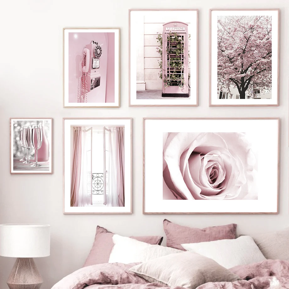

Pink Paris Flower Door Phone Booth Wine Glass Wall Art Canvas Painting Nordic Posters And Prints Wall Pictures Living Room Decor