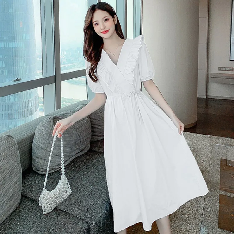 

2021 Summer Casual Women's Ruffled short sleeves Solid V Neck Casual Dress