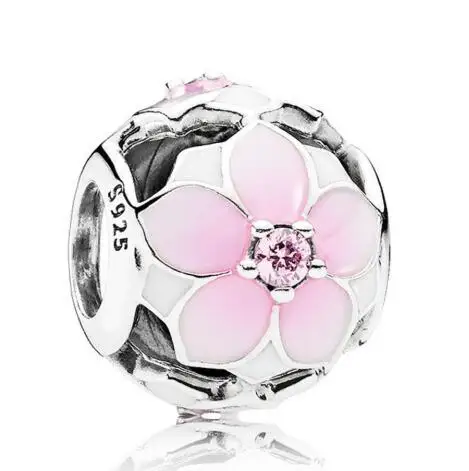 

Genuine 925 Sterling Silver Bead Charm Enamel Magnolia Bloom With Crystal Beads Fit pandora Bracelet & Necklace DIY Jewelry