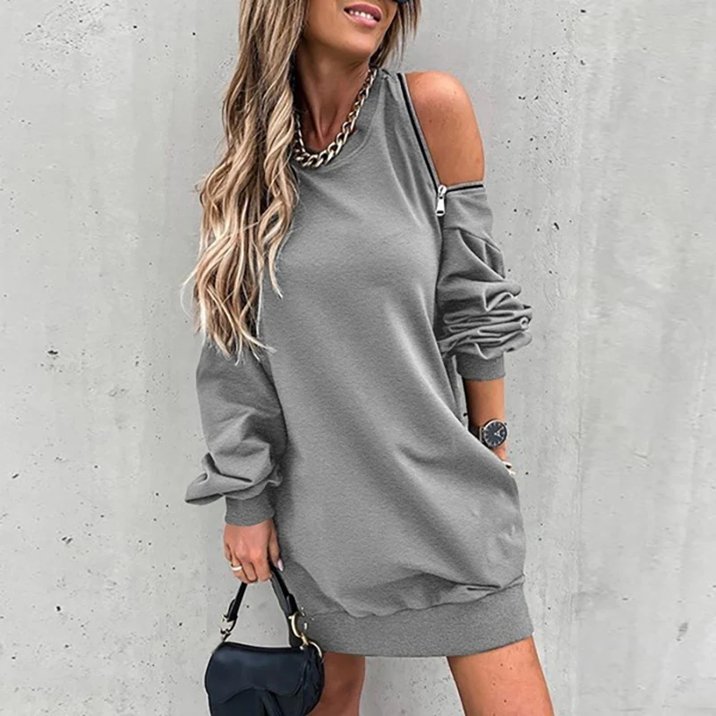 

Women Casual O Neck Solid Mini Dress Sexy Lady Zipper Hollow Out Party Dress Streetwear Female Loose Pocket Dress Vestidos 2022
