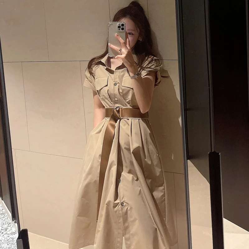 

2021 New Summer Korean Temperament Matching Single Breasted Shirt Dresses Women's Short Sleeve High Quality Runway Vestido