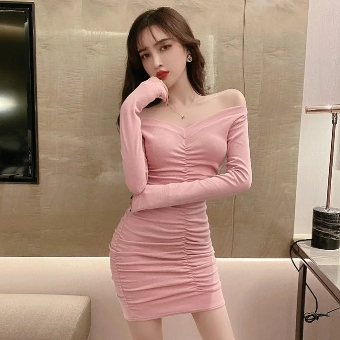 

Spring Sexy V-neck Pleated Shoulder Skirt Slim Dress Rac