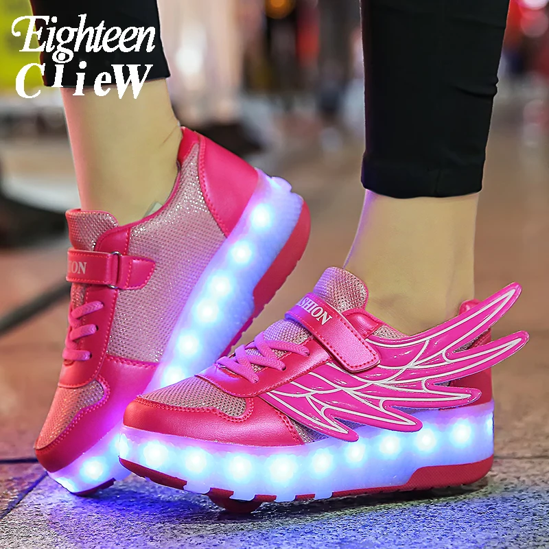Женские светящиеся кроссовки двойные роликовые коньки со светодиодной