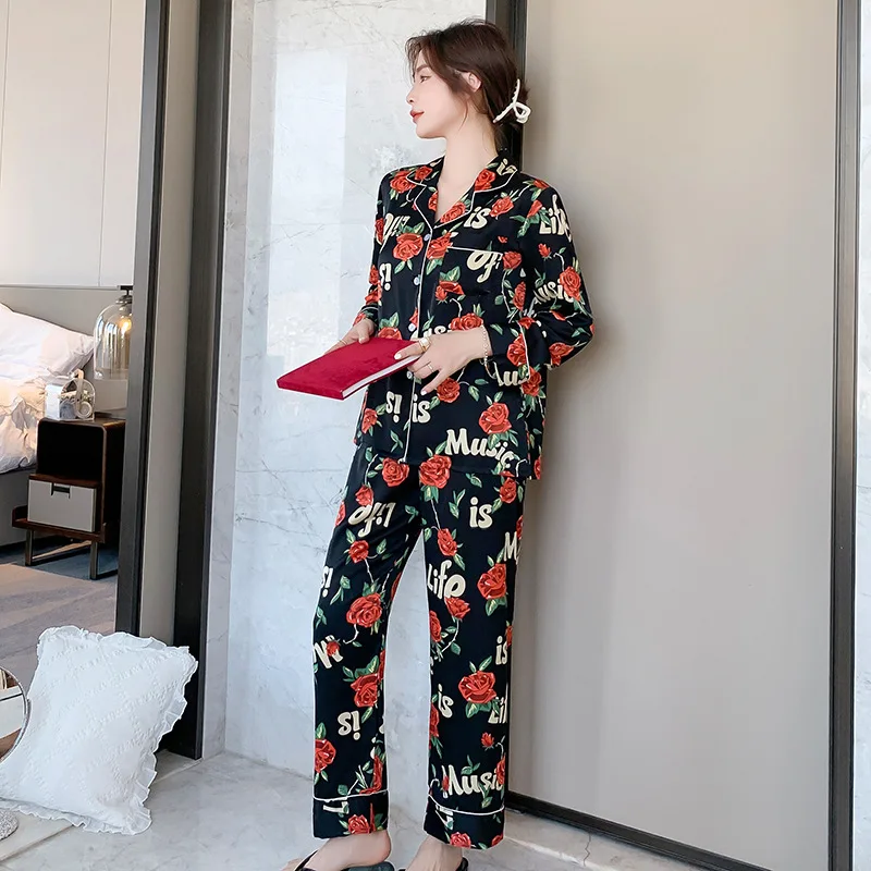 

Floral Print Couple Pajamas Set Black Satin 2PCS Sleepwear Long Sleeve Shirt&Pants Lovers New Pyjamas Suit Casual Home Wear