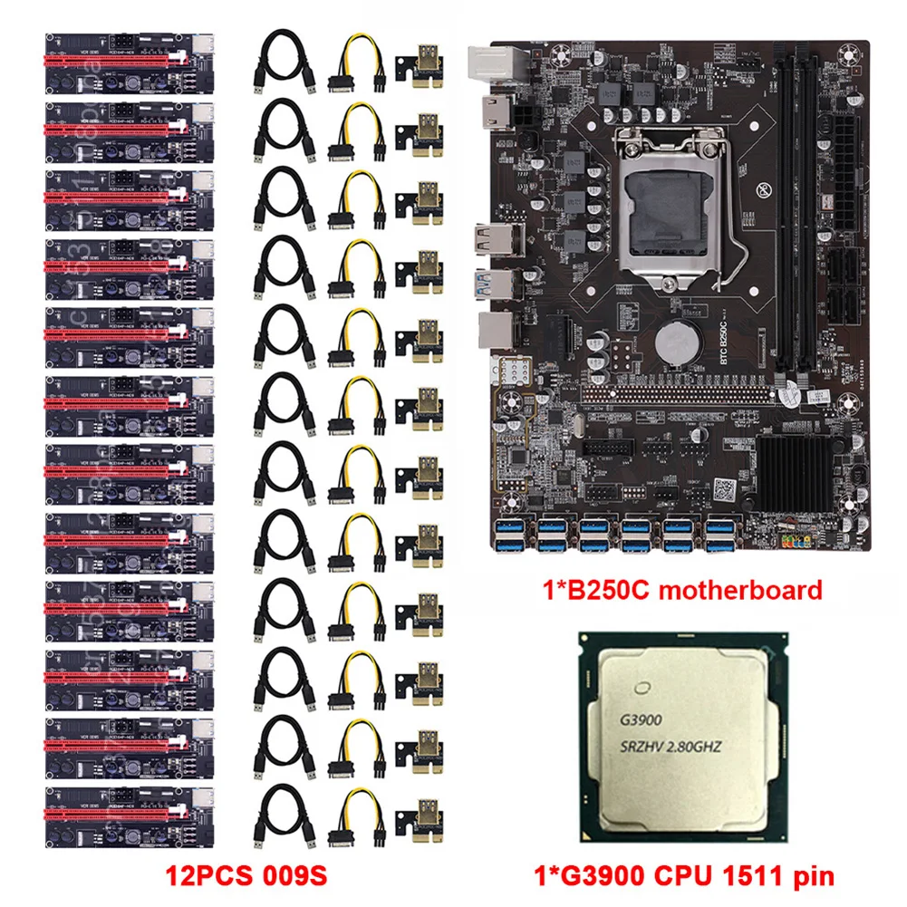 

Материнская плата для майнинга B250C BTC 12P с ЦПУ G3900, 12 шт., 009S Pcle адаптер для LGA 1151 комплект DDR4 SATA HDM USB 3,0, компьютерные аксессуары