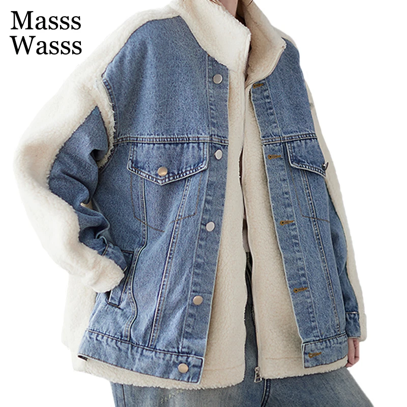 

Masss Wasss Women Fashion Patchwork Design Loose Denim Jackets 2021 Winter European Style Ladies Fur Casual Coat Vintage Clothes