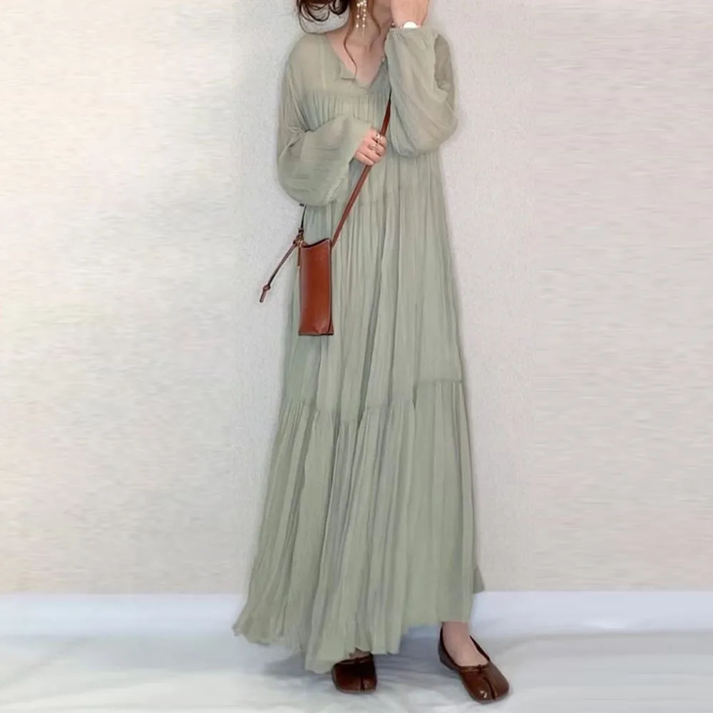 

Summer Women A Line Pleated Dress Korean Janpan 2020 Plain V Neck Long Lantern Sleeve Long Dress See Through Maxi Dresses