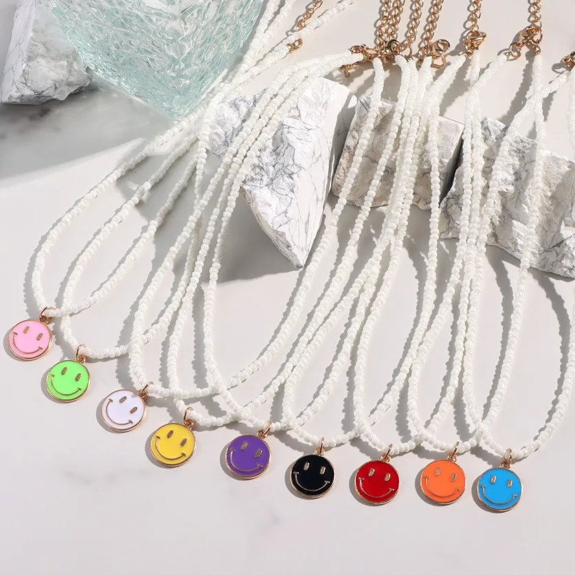 

Kpop New Enamel Smiley Face Pendant Necklaces For Women Cute Imitation Pearl Beaded Colorful Round Chain Necklace Jewelry Gifts