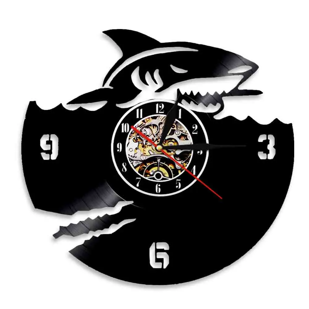 Scary Shark Jaws Wall Art Vinyl Record Clock For Bedroom Ocean Resident Decor Great White Shark Shadow Art Silent Wall Clock