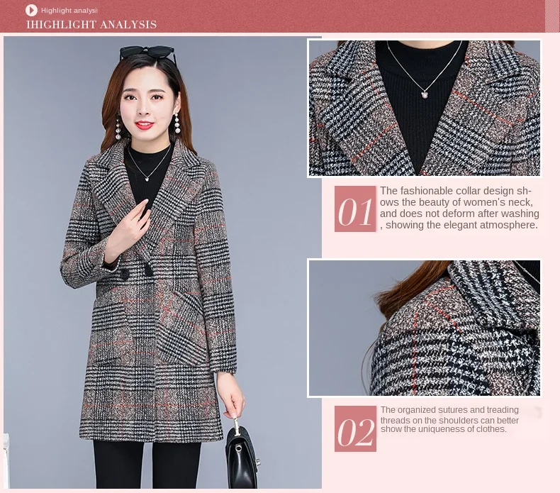

Spring and autumn middle-aged and elderly women mid-length large size classic plaid Windbreaker casual fashion woolen topcoat