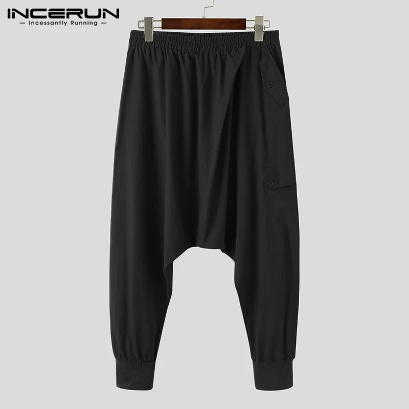 

INCERUN Men Harem Pants Cotton Streetwear Joggers Elastic Waist Pockets Drop Crotch Trousers Men Solid Casual Pantalones Hombre