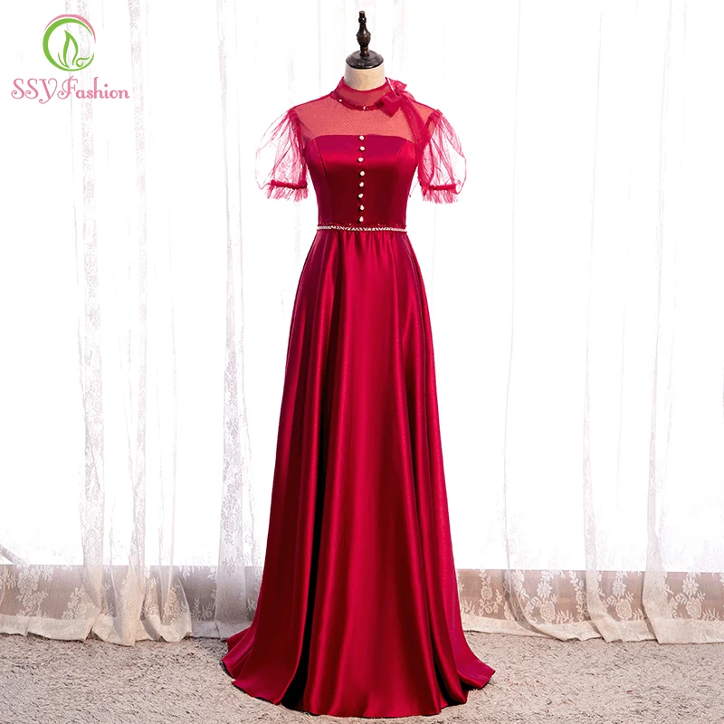 

SSYFashion New Wine Red Satin Evening Dress Banquet Elegant High-neck Floor-length Bride Married Formal Gowns Vestidos De Noche