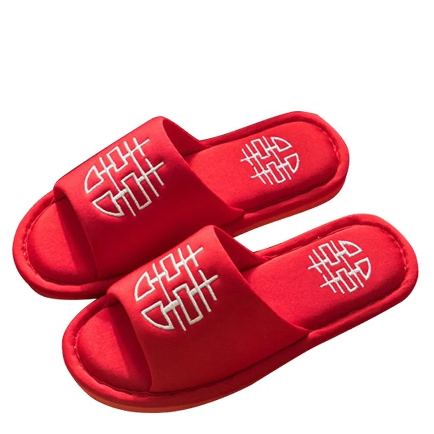 

Soft Home Slippers Chinese Wedding Shoes Sliders Indoor Lovers Couple Embroidery Slippers Bedroom Flip Flop Woman Scarpe Donna