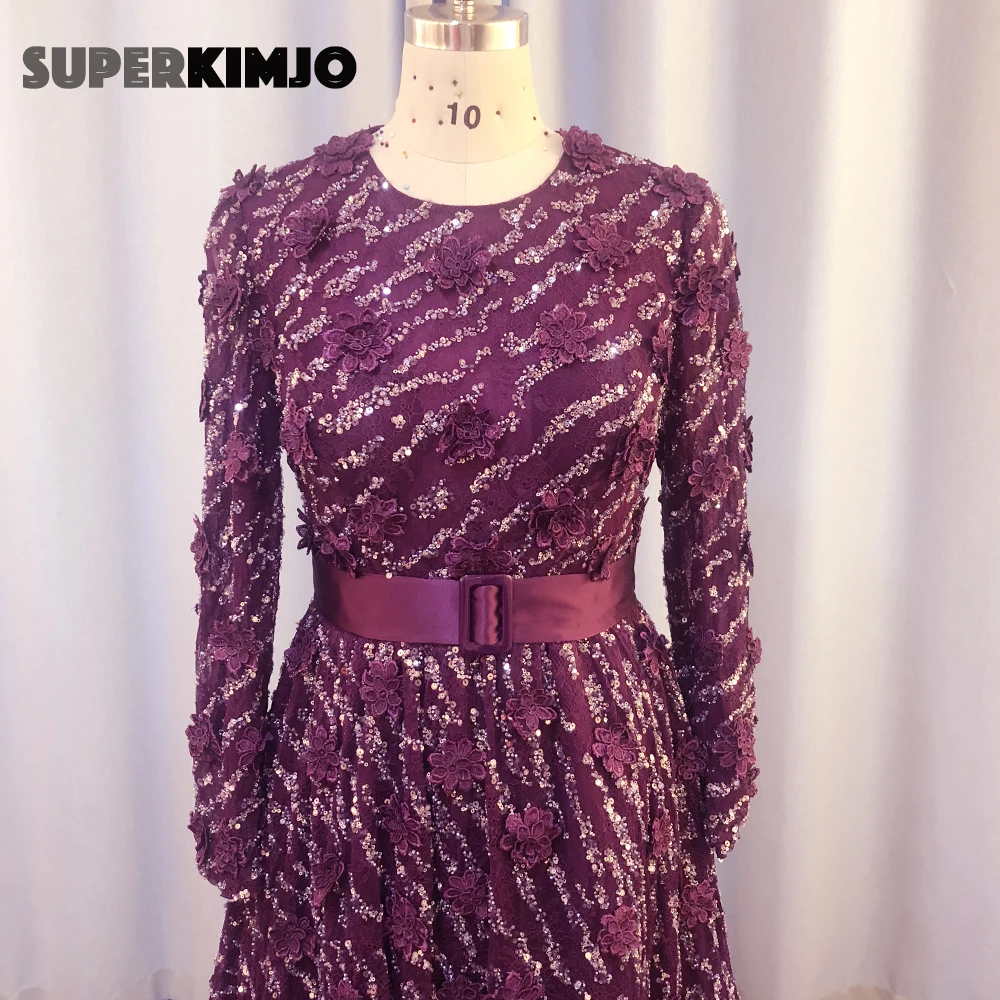 SuperKimJo 2020 Deep Purple Prom Dresses Long Sleeve Vintage Elegant 3D Flowers Beaded Prom Gown Vestidos Largos De Fiesta