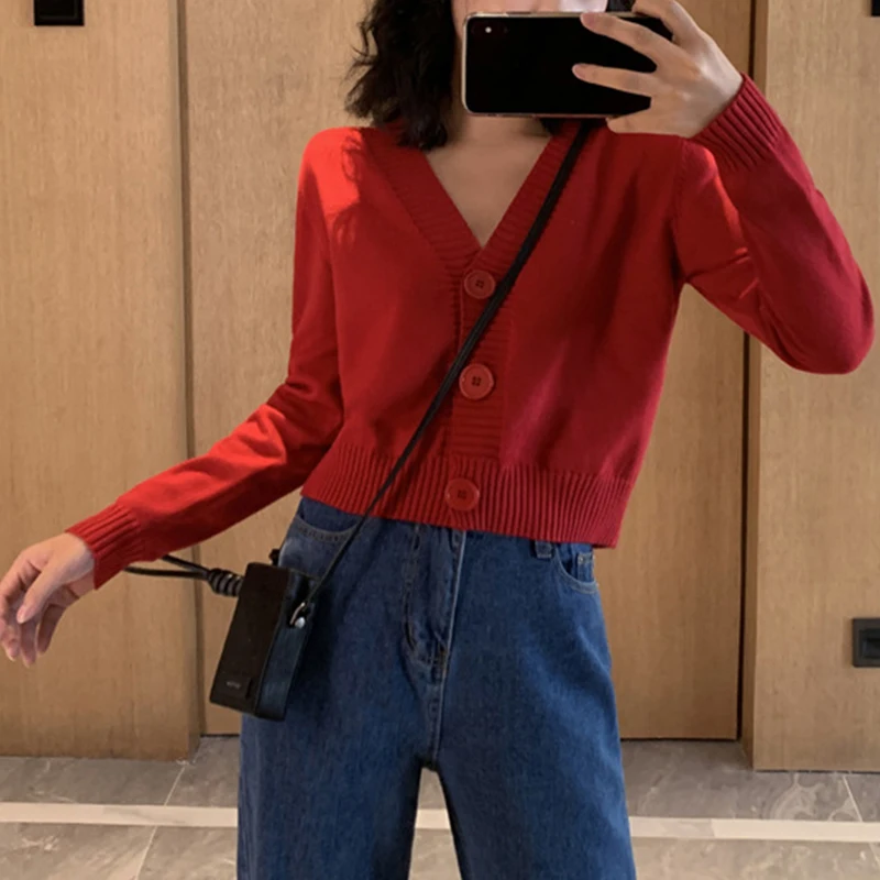 Осень 2019 вязаный красный черный кардиган женский на пуговицах v-образный вырез