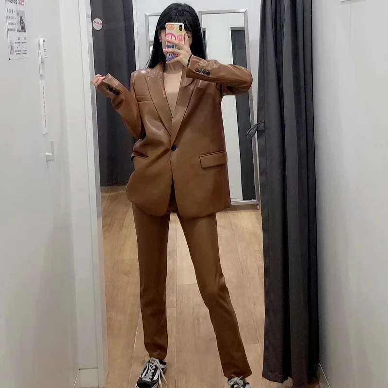 

Two Piece Set Punk Pu Leather Blazer High Waist Pants Set 2021 Women Brown Motorcycle Casual Office Blazer Straight Pant Suits