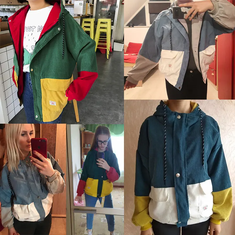 

Plus Size 3xl Color Block Long Sleeve Corduroy Jacket Patchwork Autumn Jackets Women Hooded Female Coat