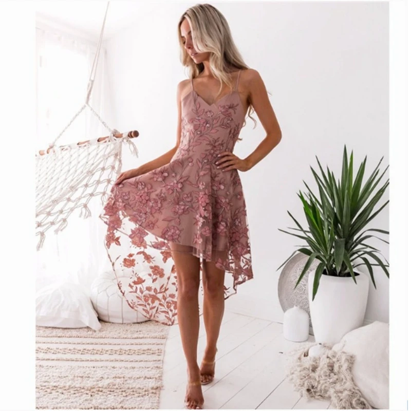 

WEPBEL Women's Sexy Sleeveless Embroidered Mesh Irregular Dress Summer Elegance Spaghetti Strap V-neck High Waist Slim Dress