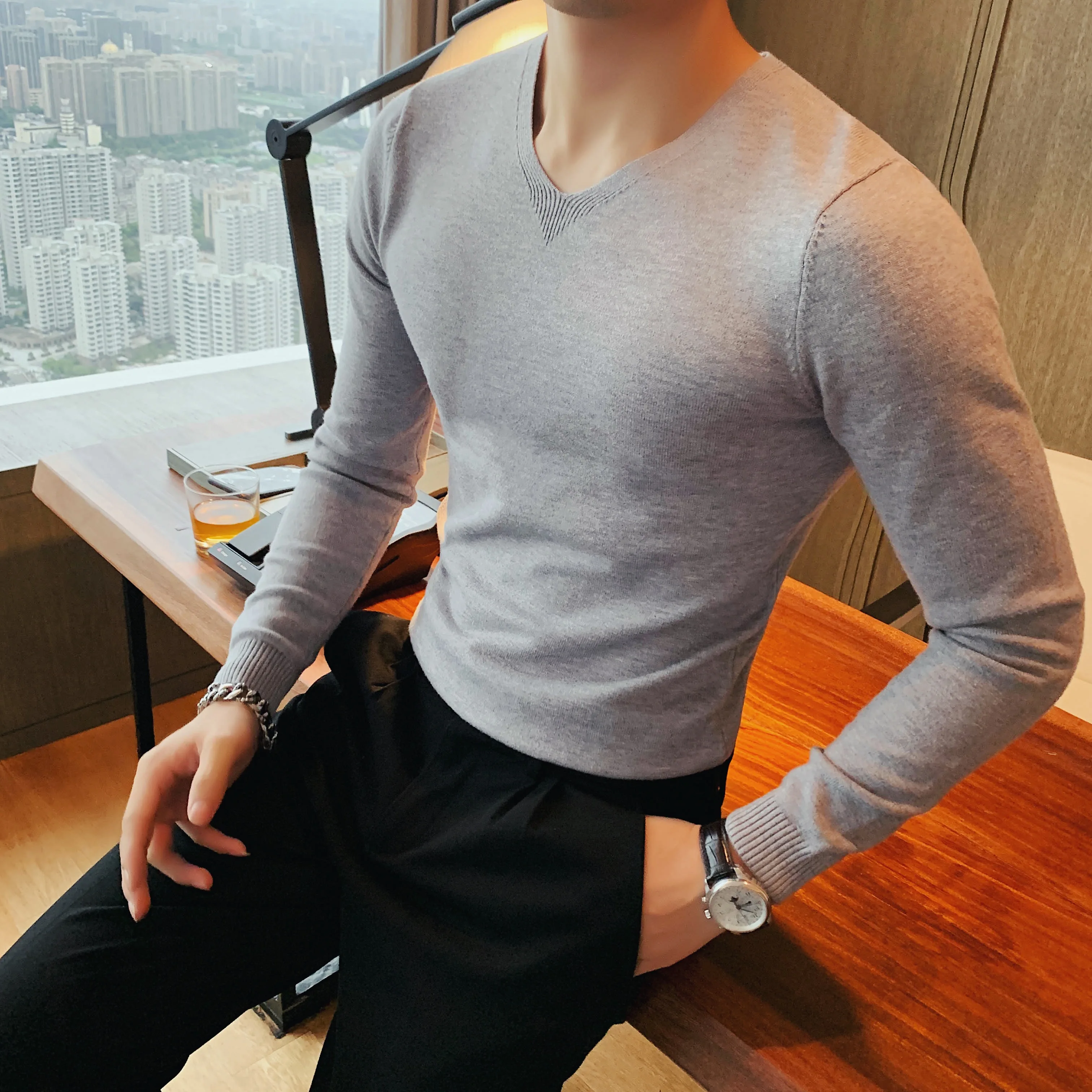 

Autumn Winter Simple Sweater Men Clothing Fashion 2020 Pullovers Long Sleeve Men Sweaters V Neck Slim Fit Casual Pull Homme 3XL