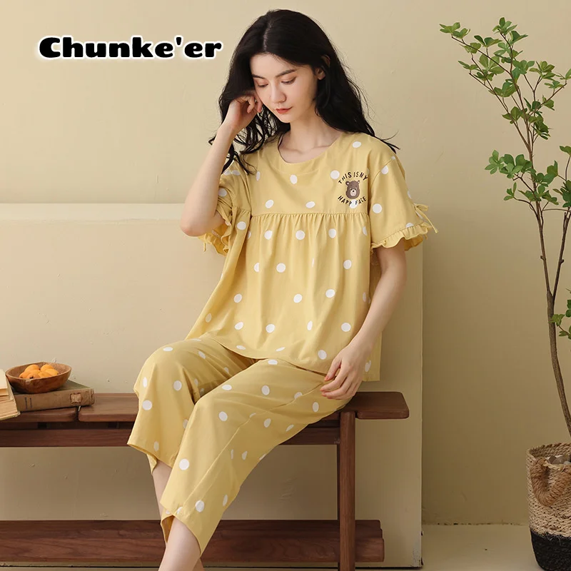 

Новинка 2021, плотный Женский пуловер из чистого хлопка с коротким рукавом и круглым вырезом, пижама с принтом, тонкий летний домашний комплек...