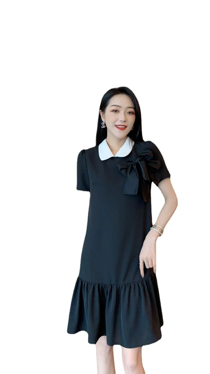 

Ladies' little fragrant dress 2021 summer French waist down and thin color matching doll collar double bows