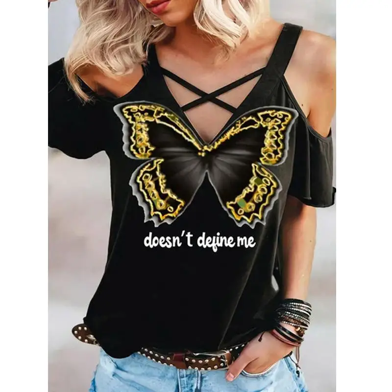 

Женские летние топы с коротким рукавом 2021, футболка, Женский Повседневный Топ без бретелек с V-образным вырезом, футболка с принтом бабочки, ...