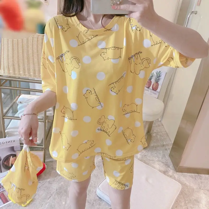 

Spring Summer Thin Print Pajamas Short Sleeve Sleepwear Women Milk Silk Pajamas Set