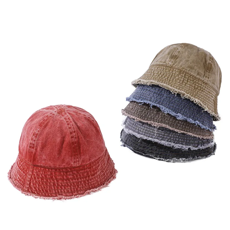 

Spring Summer Fisherman Hat Female Edging Made Old Washed Denim Bucket Hat Panama Leisure Fishing Hat Outdoor Sunscreen Sun Hat