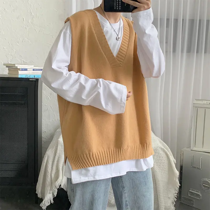 

Корейский свитер, жилет, мужская мода, однотонный Повседневный трикотажный пуловер с V-образным вырезом, мужские свободные вязаные свитеры, ...