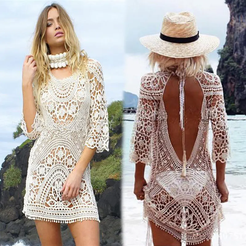 

2021 new beach holiday sunscreen clothing sexy hollow lace crochet backless dress bikini blouse
