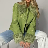 weiyao green leather jackets women autumn faux fur turn down long sleeve casual winter fashion pu coat biker cropped outerwear