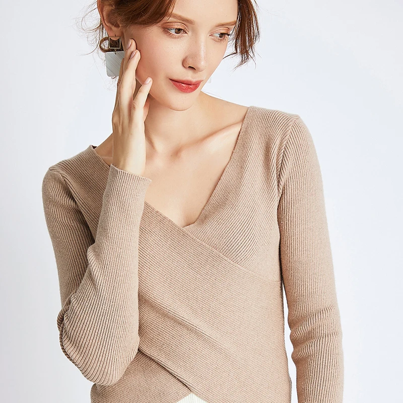 Весенний и осенний базовый женский свитер простой с v-образным вырезом