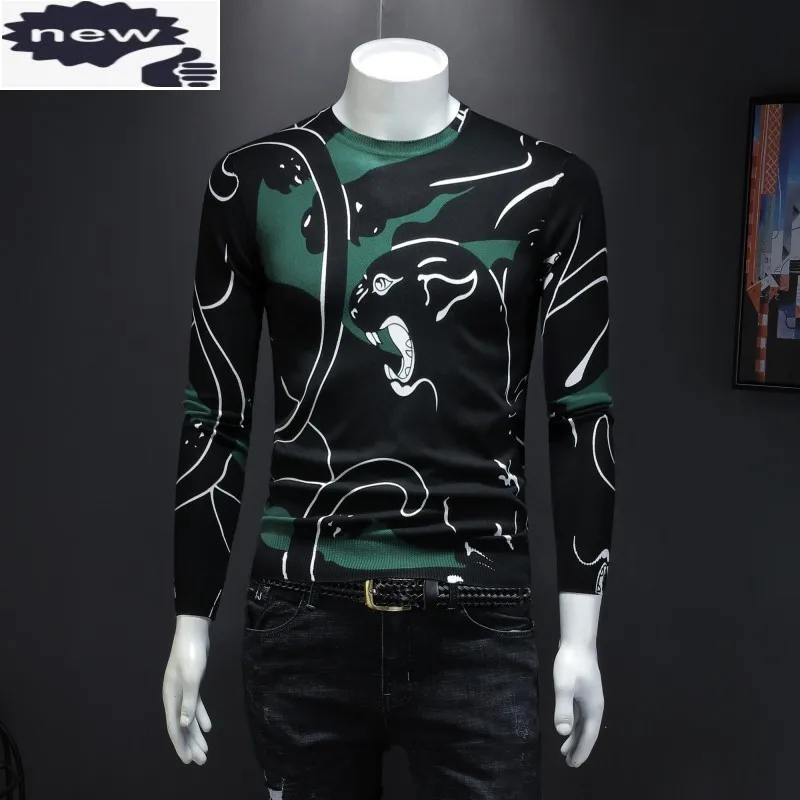 Personality Printed O-Neck Long Sleeve Mens Pullovers Autumn New Thin Comfort Slim Fit Male Casual Knitting Sweaters Plus Size