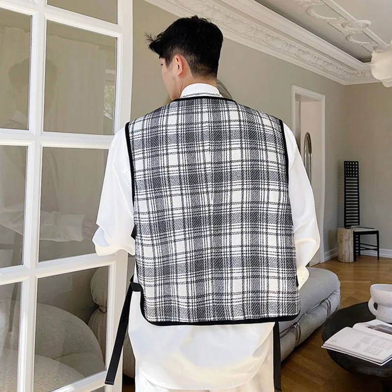 

IEFB Spring Summer 2021 Ins Design Korean Style Workwear Zipper Temperament Vest Black White Plaid Print Sleeveless Tops 9Y7552
