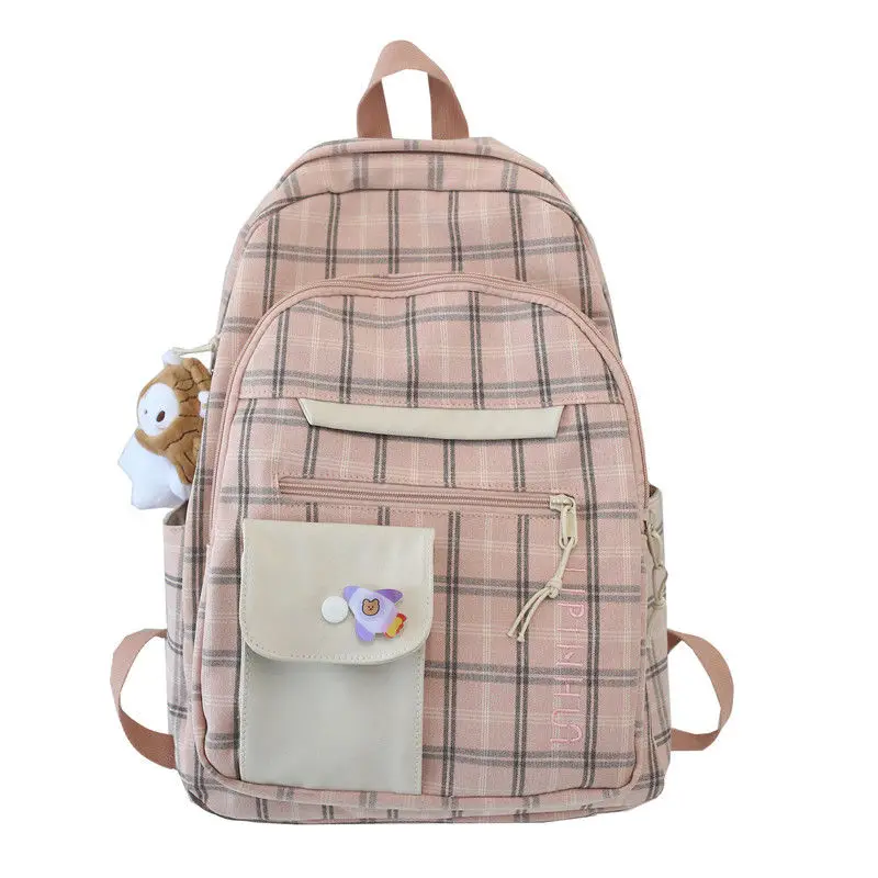 

New plaid cotton linen canvas schoolbag fashion Korean version Of Harajuku backpack large capacity college cute girl backpack