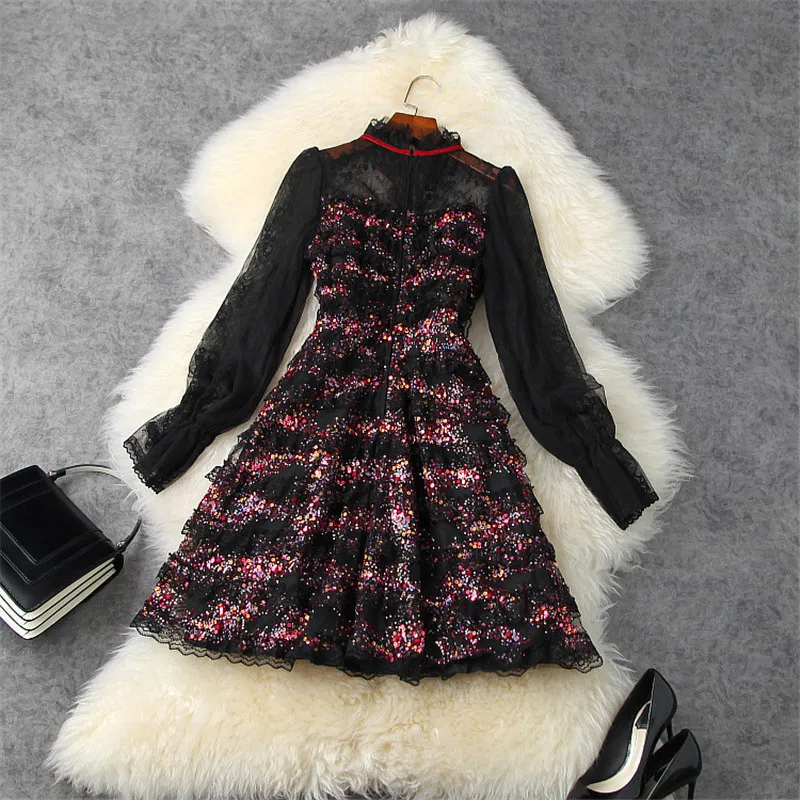 

Elegant Lantern Sleeve Sequined Mesh Ruffle Layered Cake Dress Party Festa Women Spring Clothes Sexy Black Robe Femme Vestido