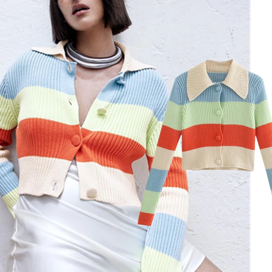 

Withered High Street Vintage Colorful Striped Knitted Cardigans Women Winter Sweaters Women Sexy Short Sweaters Women Short Tops