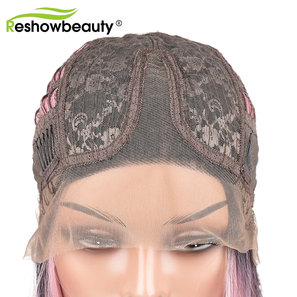 

Synthetic Lace Front Wig Bob 12 Inch Straight Black Green Pink Lace Front Wig for Black Women T Part Middle Part Reshowbeauty