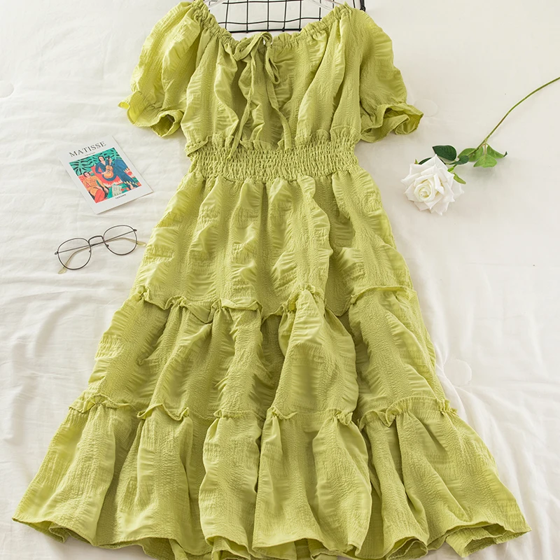 Женское платье с коротким рукавом милое без бретелек оборками и высокой талией